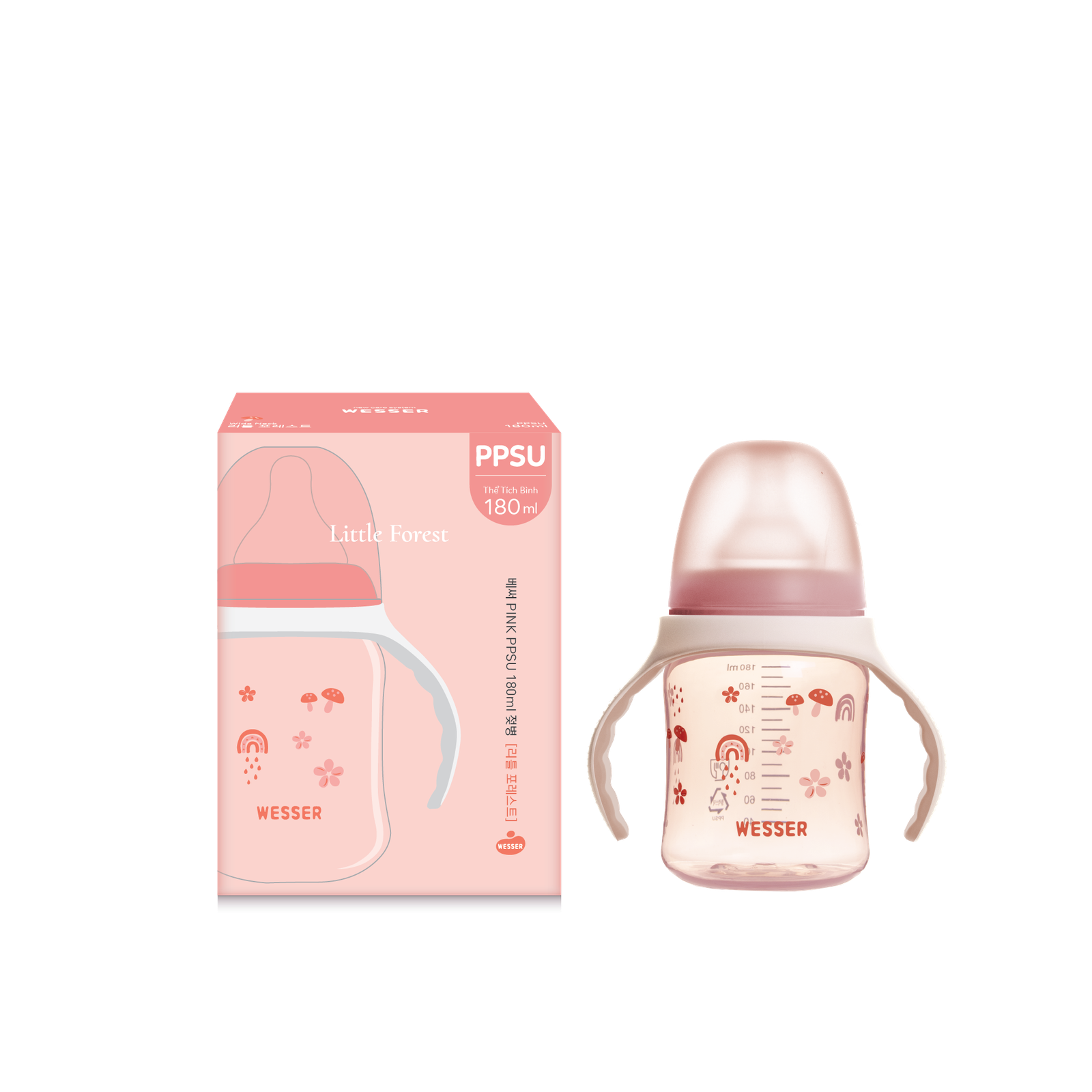 Bình PPSU Cổ Rộng Little Forest hồng 180ml kèm quai cầm