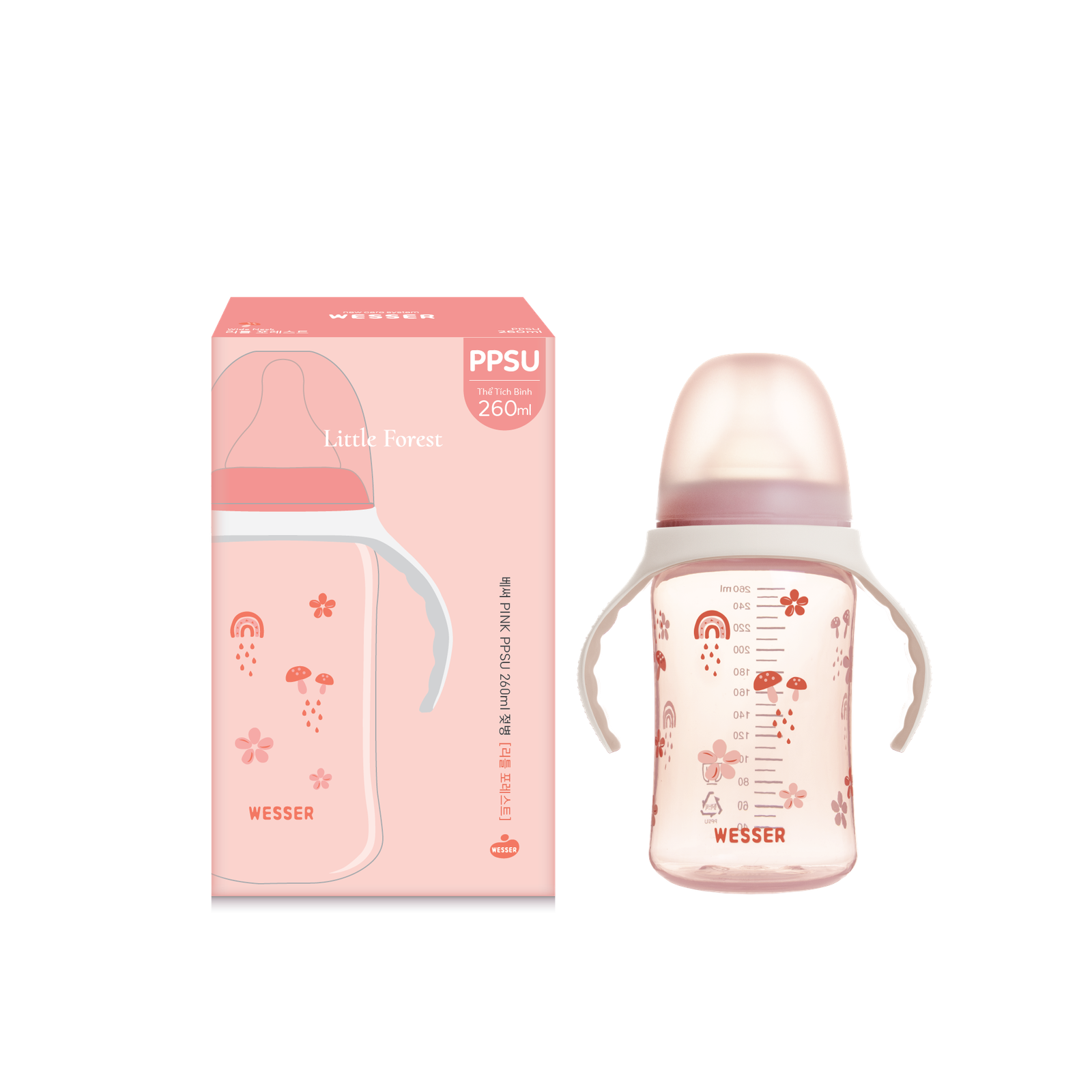 Bình PPSU Cổ Rộng Little Forest hồng 260ml kèm quai cầm