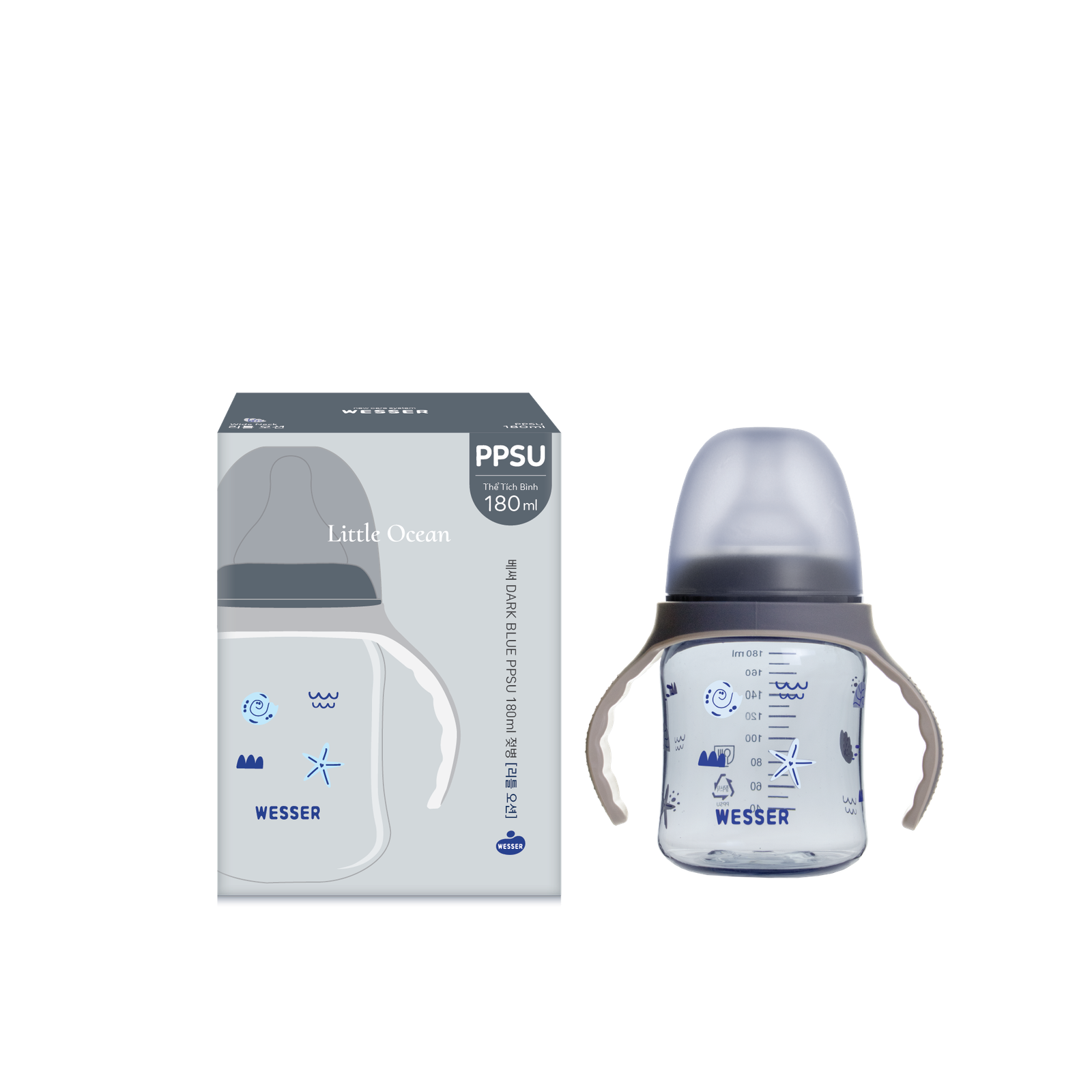 Bình PPSU Cổ Rộng Little Ocean xanh đậm 180ml kèm quai cầm