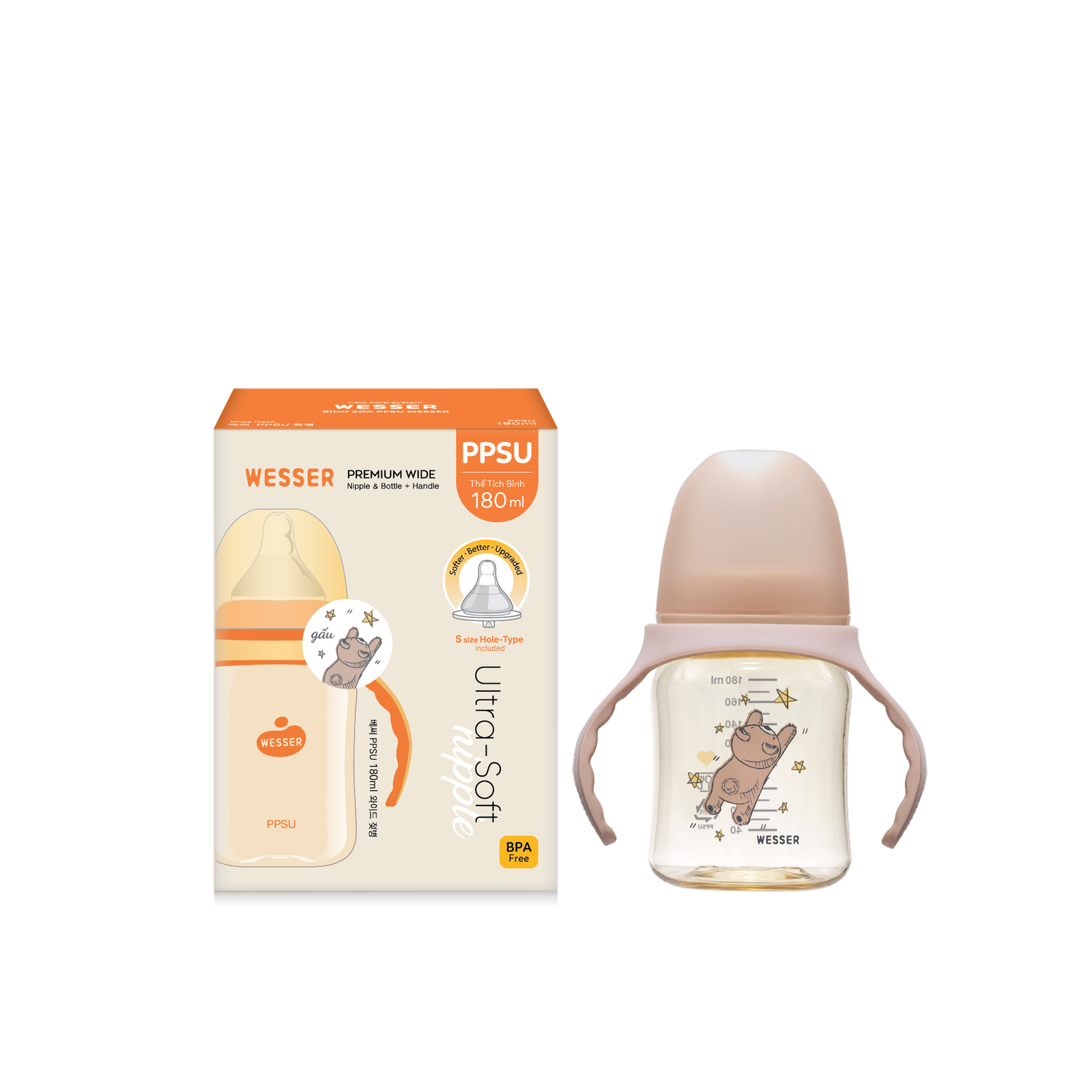 Bình PPSU Cổ Rộng họa tiết Gấu 180ml kèm quai cầm