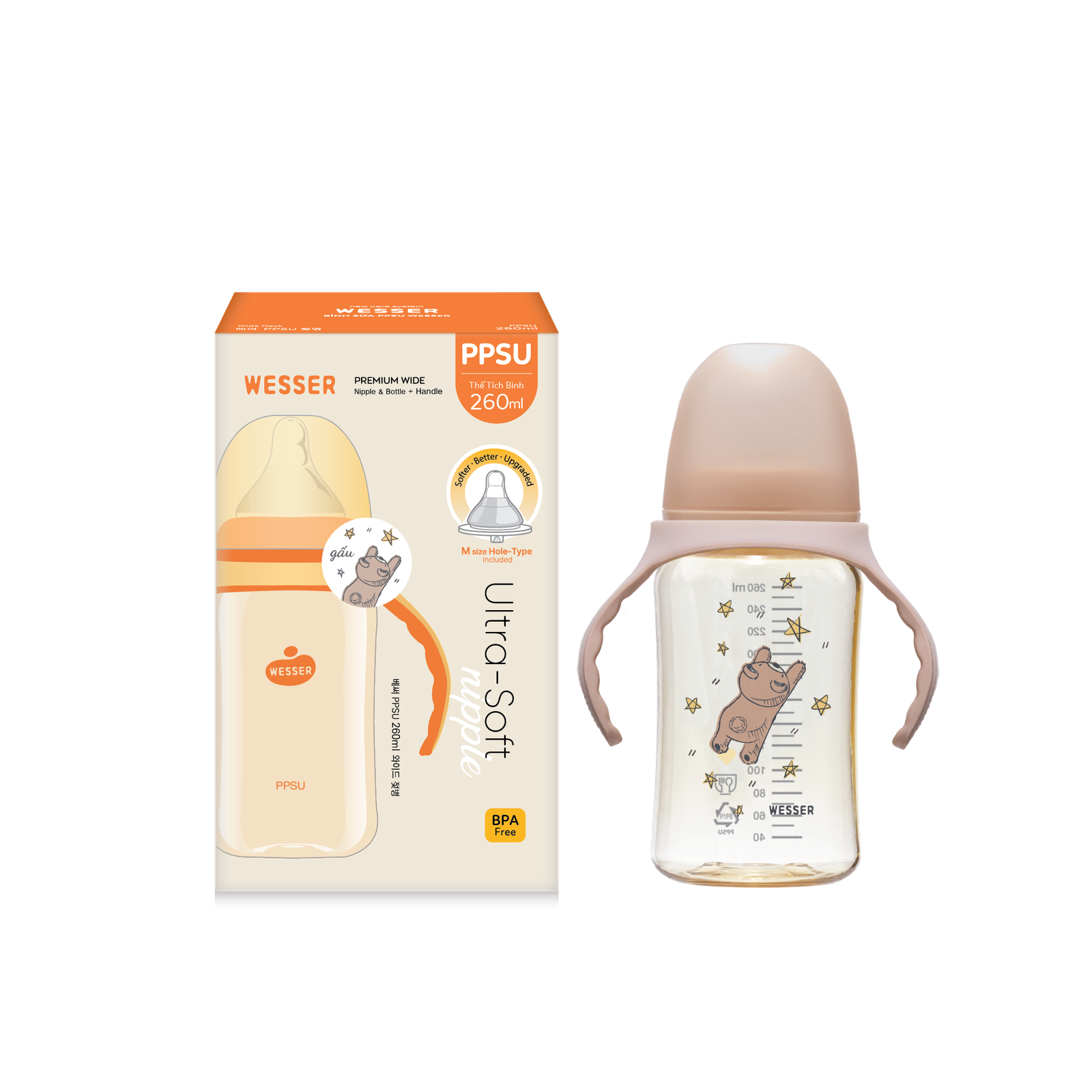 Bình PPSU Cổ Rộng họa tiết Gấu 260ml kèm quai cầm