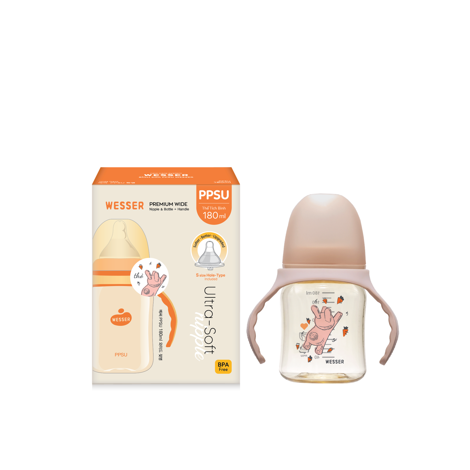 Bình PPSU Cổ Rộng họa tiết Thỏ 180ml kèm quai cầm