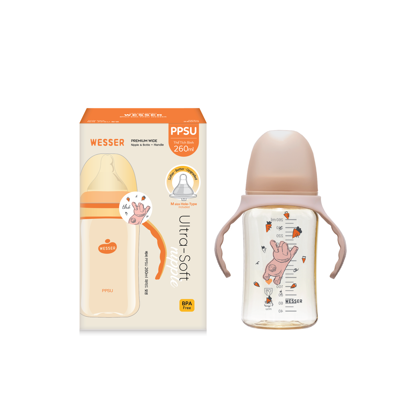 Bình PPSU Cổ Rộng họa tiết Thỏ 260ml kèm quai cầm